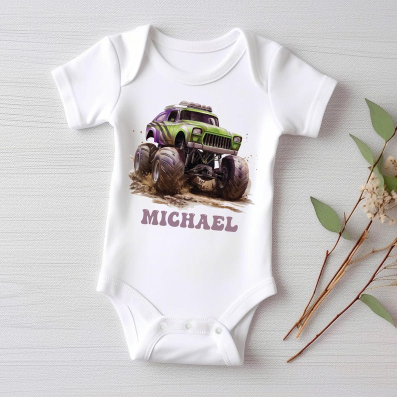 Personalized Monster Truck Baby Shirt, Custom Kids Name Birthday Gift