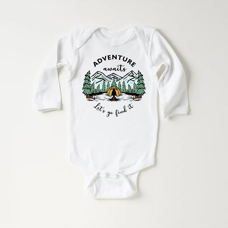 Adventure Awaits Let's Go Find It Baby Bodysuit, Camping Nature Explore Gift