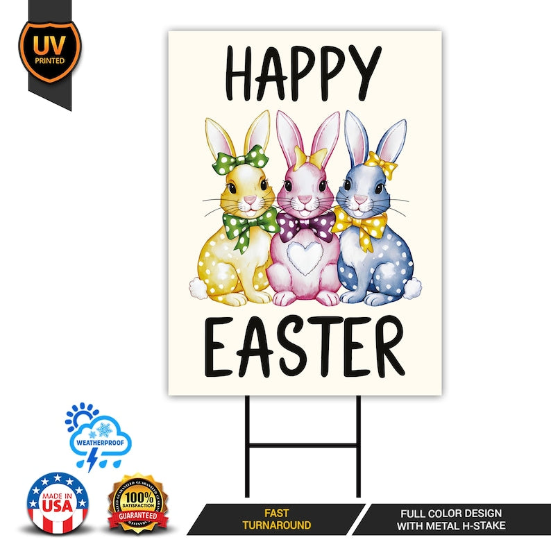 Happy Easter Polka Dot Rabbit Welcome Yard Sign, Love Heart Bunny Bow Easter Day Decorations, Polka Dot Bunny Lawn Signs with Metal H-Stake