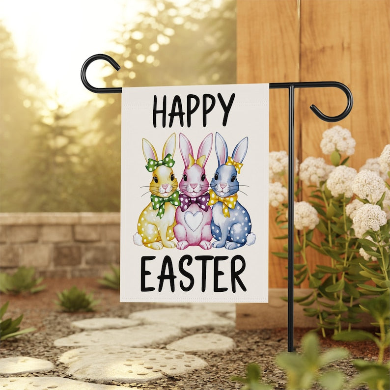 Happy Easter Polka Dot Rabbit Welcome Garden Flag, 12x18 Inch Double Sided, Love Heart Bunny Bow Easter Day Yard Decorations, Bunny Flag