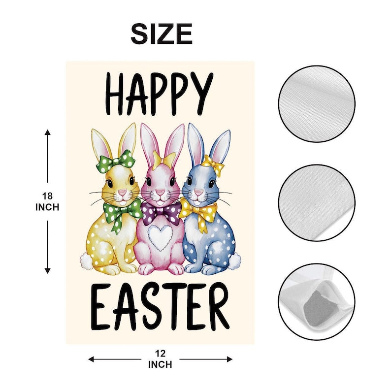 Happy Easter Polka Dot Rabbit Welcome Garden Flag, 12x18 Inch Double Sided, Love Heart Bunny Bow Easter Day Yard Decorations, Bunny Flag