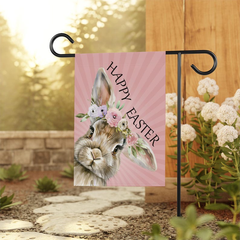 Happy Easter Bunny Garden Flag, 12x18 Inch Double Sided, Rabbit Flower Flag, Easter Rabbit Flag, Easter Bunny Flag Outdoor Decoration