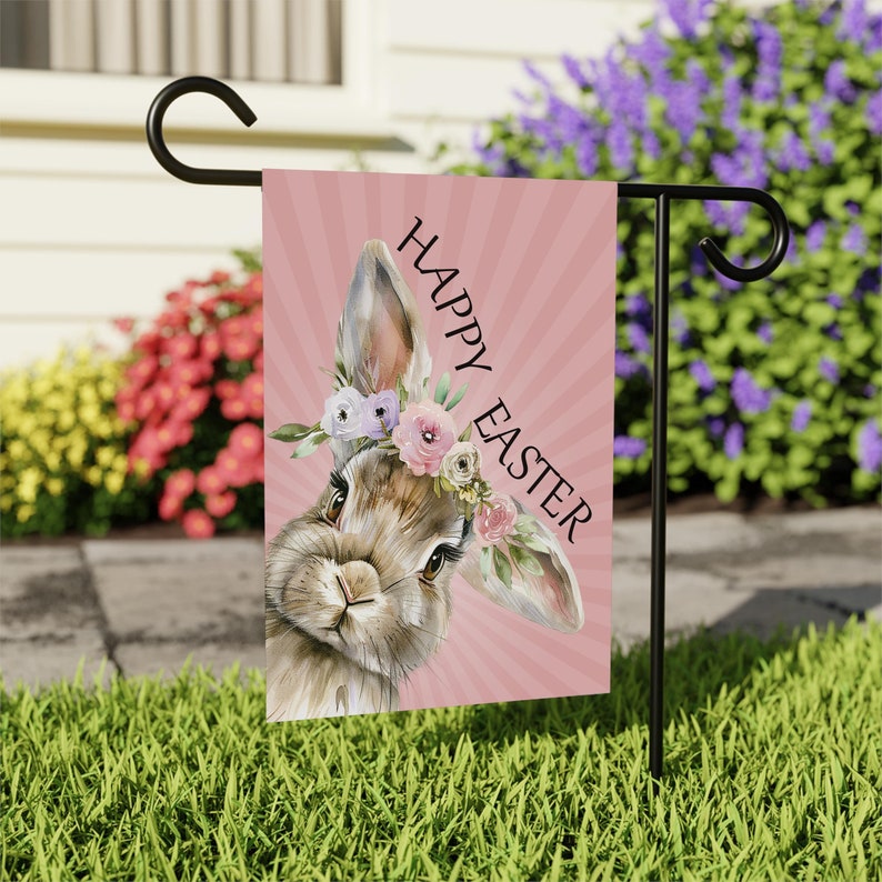 Happy Easter Bunny Garden Flag, 12x18 Inch Double Sided, Rabbit Flower Flag, Easter Rabbit Flag, Easter Bunny Flag Outdoor Decoration