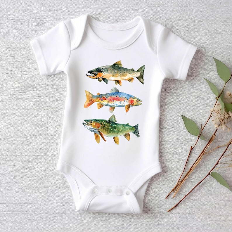 Trout Fishing Baby Shirt, Outdoor Kids Outfit