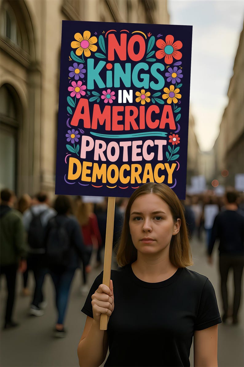 No Kings, No Dictators Protest Sign, Anti-Trump Resistance, Political Activist Poster