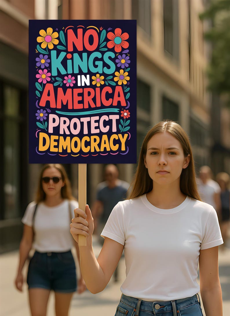 No Kings, No Dictators Protest Sign, Anti-Trump Resistance, Political Activist Poster