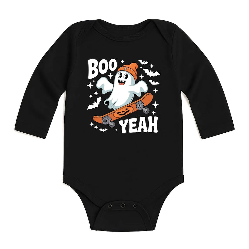 Boo Yeah Baby Bodysuit, Retro Ghost Baby Shirt, Halloween Toddler Sweatshirt - Skater Themed Outfit, Cute Spooky Fall Baby Clothes