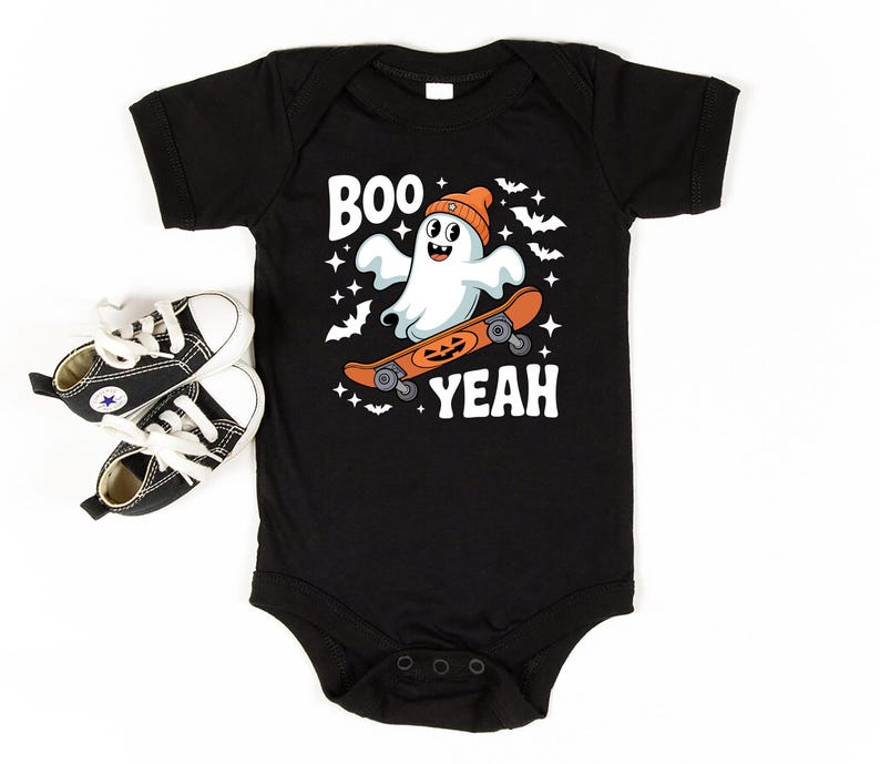 Boo Yeah Baby Bodysuit, Retro Ghost Baby Shirt, Halloween Toddler Sweatshirt - Skater Themed Outfit, Cute Spooky Fall Baby Clothes