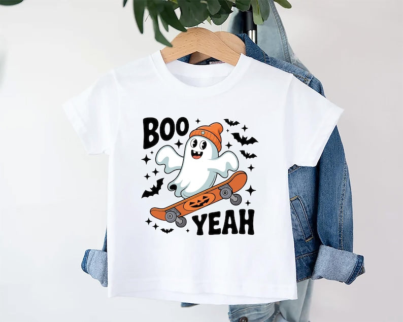 Boo Yeah Baby Bodysuit, Retro Ghost Baby Shirt, Halloween Toddler Sweatshirt - Skater Themed Outfit, Cute Spooky Fall Baby Clothes