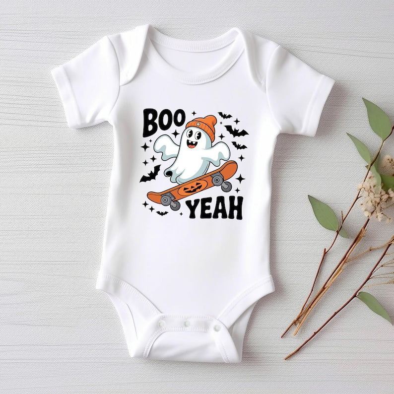 Boo Yeah Baby Bodysuit, Retro Ghost Baby Shirt, Halloween Toddler Sweatshirt - Skater Themed Outfit, Cute Spooky Fall Baby Clothes