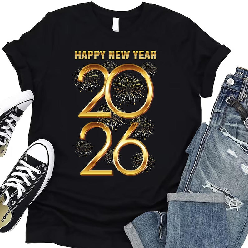 Happy New Year T-Shirt For Men, New Years Eve Party Women V Neck Shirt, 2026 Happy New Year Shirt For Kids, Unisex 2026 New Years Eve Shirt