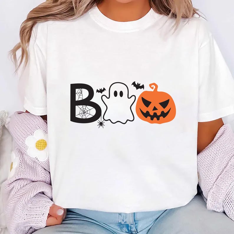 Halloween Boo Short Sleeve T-Shirt, Cute Ghost Pumpkin Shirt