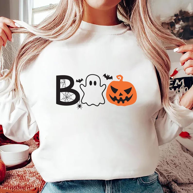 Halloween Boo Sweatshirt, Cute Ghost Pumpkin Sweatshirt