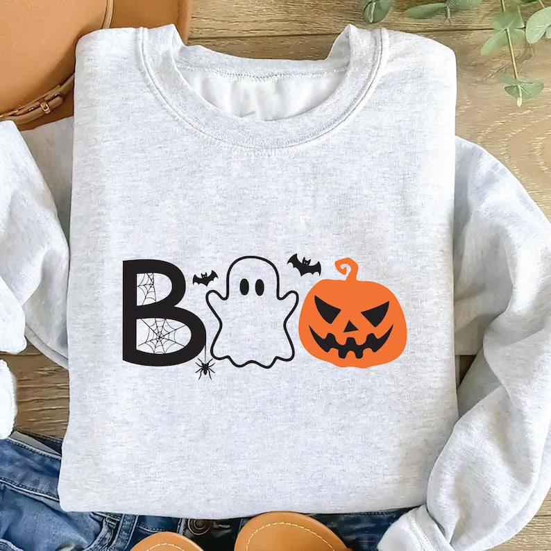 Halloween Boo Sweatshirt, Cute Ghost Pumpkin Sweatshirt