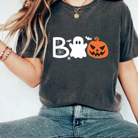 Halloween Boo Short Sleeve T-Shirt, Cute Ghost Pumpkin Shirt
