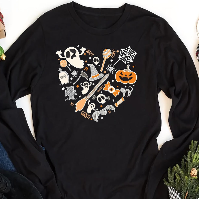 Halloween Doodles Heart Long Sleeve Shirt