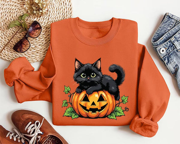 Vintage Black Cat on Pumpkin Sweatshirt, Retro 90s Halloween Cat
