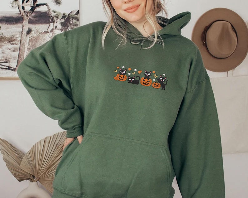 Halloween Pumpkin Fall Embroidered Hoodie, Black Cat Sweatshirt, Cute Spooky Shirt, Autumn Long Sleeve Shirt, Bat Cat Lover Gift