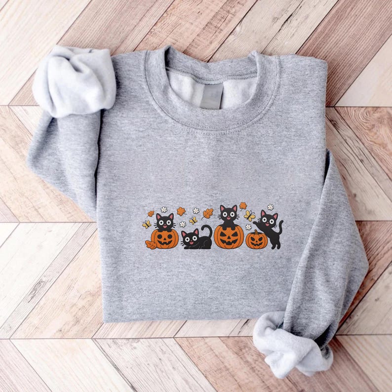 Halloween Black Cat Embroidered Sweatshirt, Pumpkin Fall Hoodie, Cute Spooky Shirt, Autumn Long Sleeve Shirt, Bat Cat Lover Gift