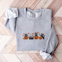 Halloween Black Cat Embroidered Sweatshirt, Pumpkin Fall Hoodie, Cute Spooky Shirt, Autumn Long Sleeve Shirt, Bat Cat Lover Gift