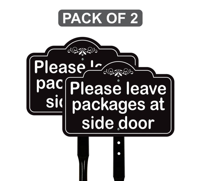 2 Pack Please Leave Packages at Side Door Yard Sign with 16" Stake, Aluminum Delivery Instruction Sign, Outdoor Parcel Drop Off Lawn Sign