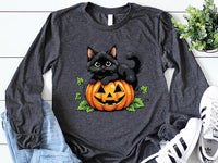 Vintage Black Cat on Pumpkin Long Sleeve Shirt