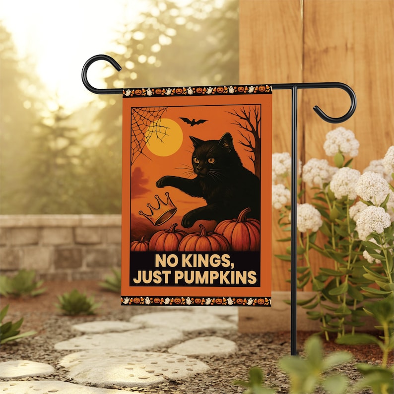 Subtle Anti-Trump Halloween No Kings Garden Flag, Spooky Season Resist Fascism Yard Flag, Black Cat Political, Harvest Fall Outdoor Flag