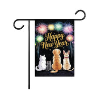 Happy New Year 2026 Garden Flag, Fireworks Cat Dog Eve Yard Flag, Holiday Welcome New Year Fence Front Porch Yard Decorations Eve Party Flag