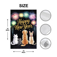 Happy New Year 2026 Garden Flag, Fireworks Cat Dog Eve Yard Flag, Holiday Welcome New Year Fence Front Porch Yard Decorations Eve Party Flag