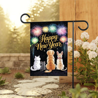 Happy New Year 2026 Garden Flag, Fireworks Cat Dog Eve Yard Flag, Holiday Welcome New Year Fence Front Porch Yard Decorations Eve Party Flag