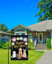 Happy New Year 2026 Garden Flag, Fireworks Cat Dog Eve Yard Flag, Holiday Welcome New Year Fence Front Porch Yard Decorations Eve Party Flag