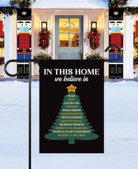 In This Home We Believe Christmas Protest Garden Flag, Anti-Trump, FDT Winter Christmas Tree, No Kings In America, Protect Democracy Flag
