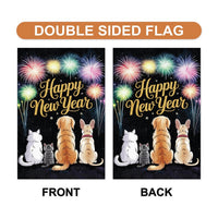 Happy New Year 2026 Garden Flag, Fireworks Cat Dog Eve Yard Flag, Holiday Welcome New Year Fence Front Porch Yard Decorations Eve Party Flag