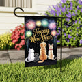 Happy New Year 2026 Garden Flag, Fireworks Cat Dog Eve Yard Flag, Holiday Welcome New Year Fence Front Porch Yard Decorations Eve Party Flag