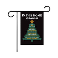 In This Home We Believe Christmas Protest Garden Flag, Anti-Trump, FDT Winter Christmas Tree, No Kings In America, Protect Democracy Flag