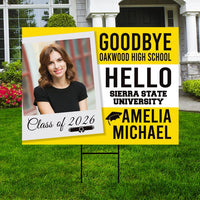 Personalized College Bound Yard Sign, College Logo Sign, Class of 2026 Custom Goodbye High School Hello College Yard Sign with Metal H-Stake