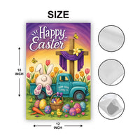 Happy Easter Bunny Truck Garden Flag, Cross and Tulips Yard Decor, Farm Fresh Eggs Outdoor Decoration, Christian Easter Sign, Spring Flag