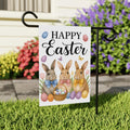 Three Bunny Happy Easter Garden Flag, Spring Rabbits with Bow Ties Yard Sign, Colorful Eggs & Tulips Outdoor Decor, Cute Easter Porch Flag