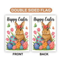 Floral Bunny Happy Easter Garden Flag, Spring Rabbit with Flowers & Eggs Yard Sign, Cute Tulip Porch Decor, Outdoor Easter Garden Banner