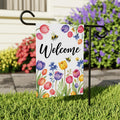 Tulip Floral Welcome Garden Flag with Bees, Spring Flowers Yard Sign, Colorful Porch Decor, Outdoor Springtime Welcome Banner for Garden