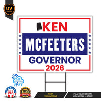 Ken McFeeters For Alabama Governor 2026 Yard Sign, Corrugated Plastic Governor Elections Race Red White & Blue Yard Sign with Metal H-Stake