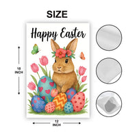 Floral Bunny Happy Easter Garden Flag, Spring Rabbit with Flowers & Eggs Yard Sign, Cute Tulip Porch Decor, Outdoor Easter Garden Banner