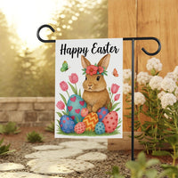 Floral Bunny Happy Easter Garden Flag, Spring Rabbit with Flowers & Eggs Yard Sign, Cute Tulip Porch Decor, Outdoor Easter Garden Banner