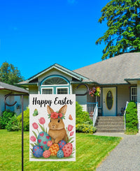 Floral Bunny Happy Easter Garden Flag, Spring Rabbit with Flowers & Eggs Yard Sign, Cute Tulip Porch Decor, Outdoor Easter Garden Banner