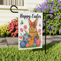 Floral Bunny Happy Easter Garden Flag, Spring Rabbit with Flowers & Eggs Yard Sign, Cute Tulip Porch Decor, Outdoor Easter Garden Banner