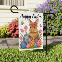 Floral Bunny Happy Easter Garden Flag, Spring Rabbit with Flowers & Eggs Yard Sign, Cute Tulip Porch Decor, Outdoor Easter Garden Banner
