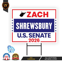 Zach Shrewsbury For West Virginia Senate 2026 Yard Sign, Corrugated Senate Elections, Race Red White & Blue Yard Sign with Metal H-Stake