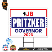 JB Pritzker For Illinois Governor 2026 Yard Sign, Corrugated Plastic Governor Elections Race Red White & Blue Yard Sign with Metal H-Stake
