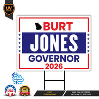 Burt Jones For Georgia Governor 2026 Yard Sign, Corrugated Plastic Governor Elections Race Red White & Blue Yard Sign with Metal H-Stake