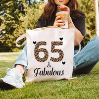 65 & Fabulous Tote Bag, Birthday Tote Bag, 65th Birthday Gift for Her, Leopard Print Birthday Bag, Milestone Birthday Gift, Party Gift Tote
